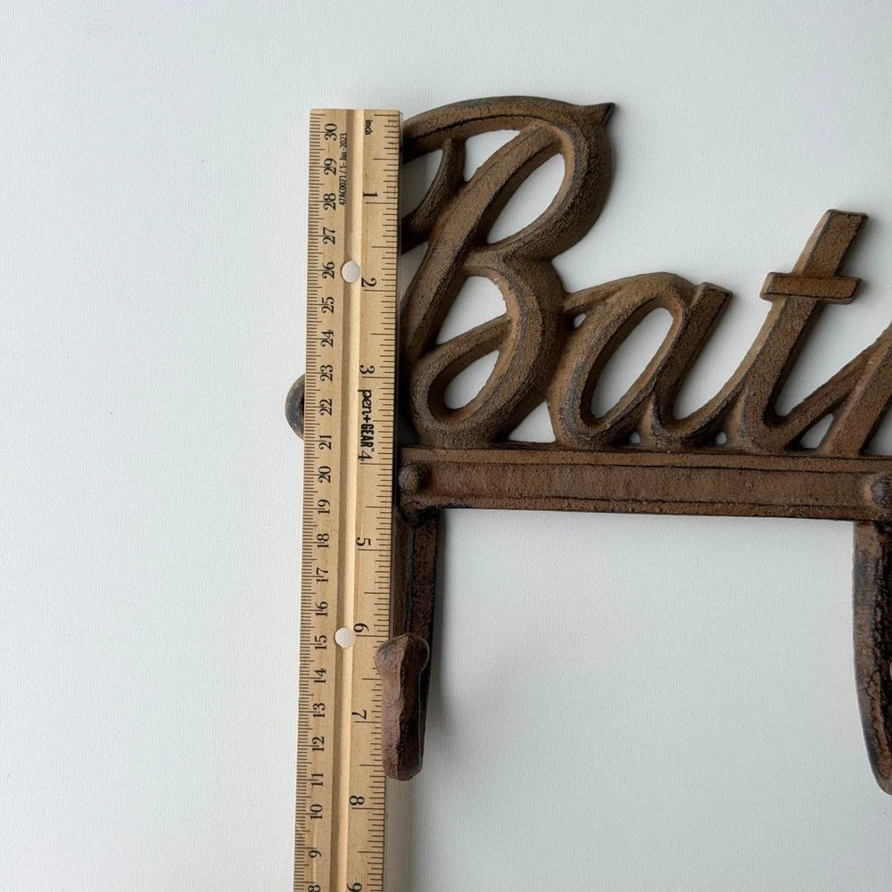 Vintage Cast Iron Bath Wall Hook Rack Rustic Towel Hanger Sign Farmhouse